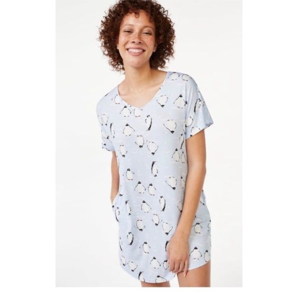 Joyspun shirt women’s short sleeve sleepwear penguin blue pajama shirt blue new